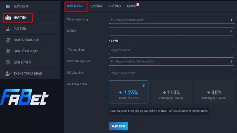 Thực hiện nạp tiền fabet thông qua ngân hàng điện tử